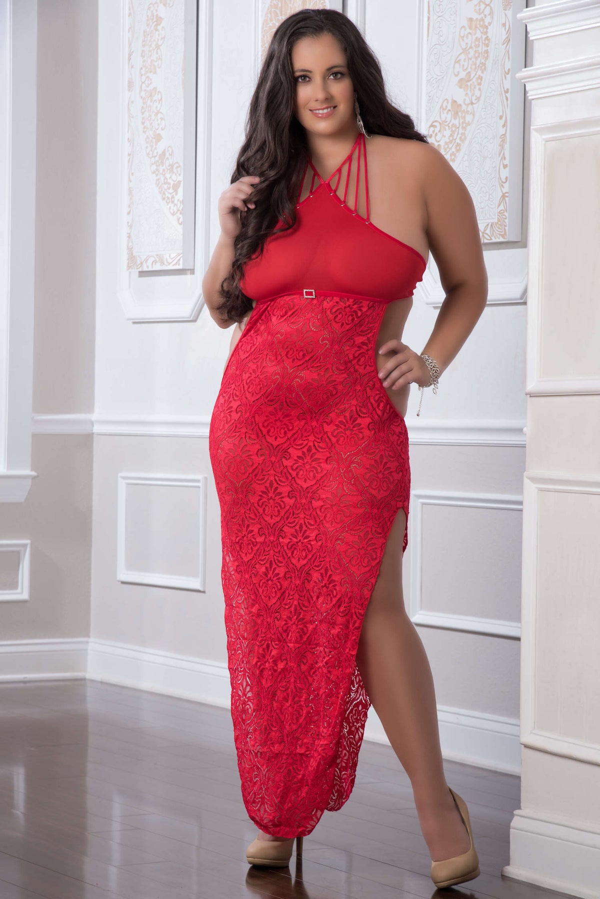 2 Pc. Shoulder-Baring Laced Night Dress - Cherry - Queen Size by G-World from LoveMart Co.