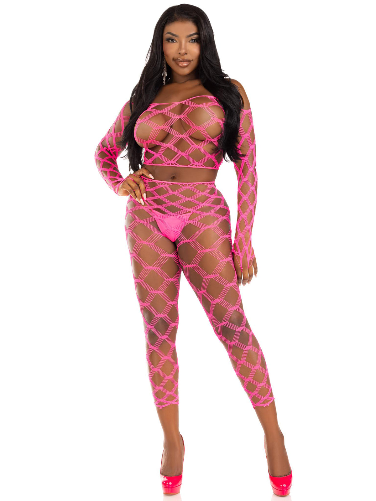 2 Pc Net Crop Top and Footless Tights - One Size - Neon by Leg Avenue from LoveMart Co.