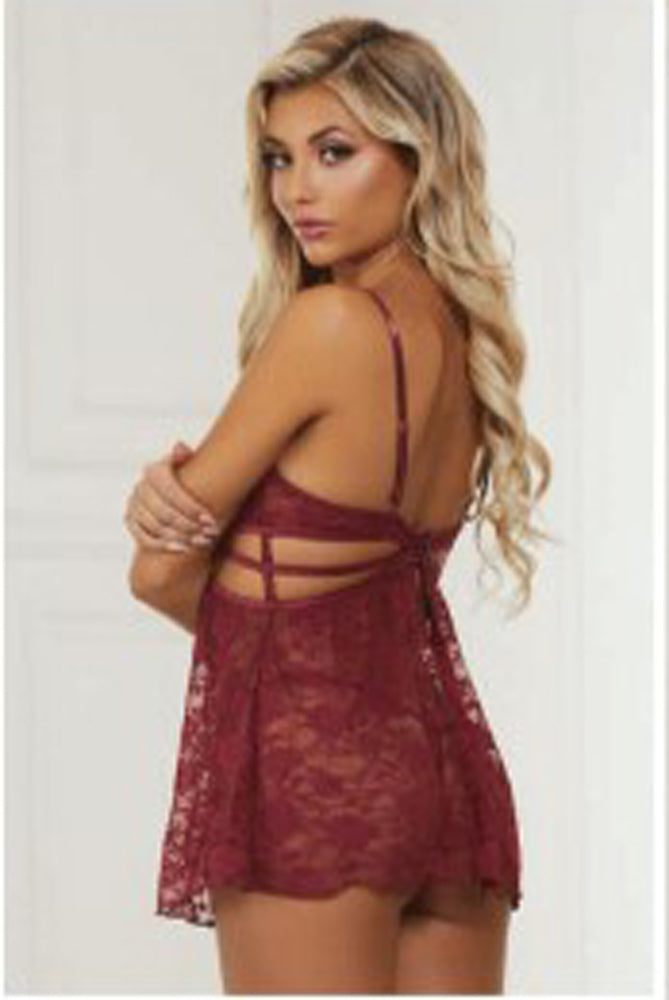 2 Pc Lace Babydoll and G-String Set - One Size - Wine by Seven Til Midnight from LoveMart Co.