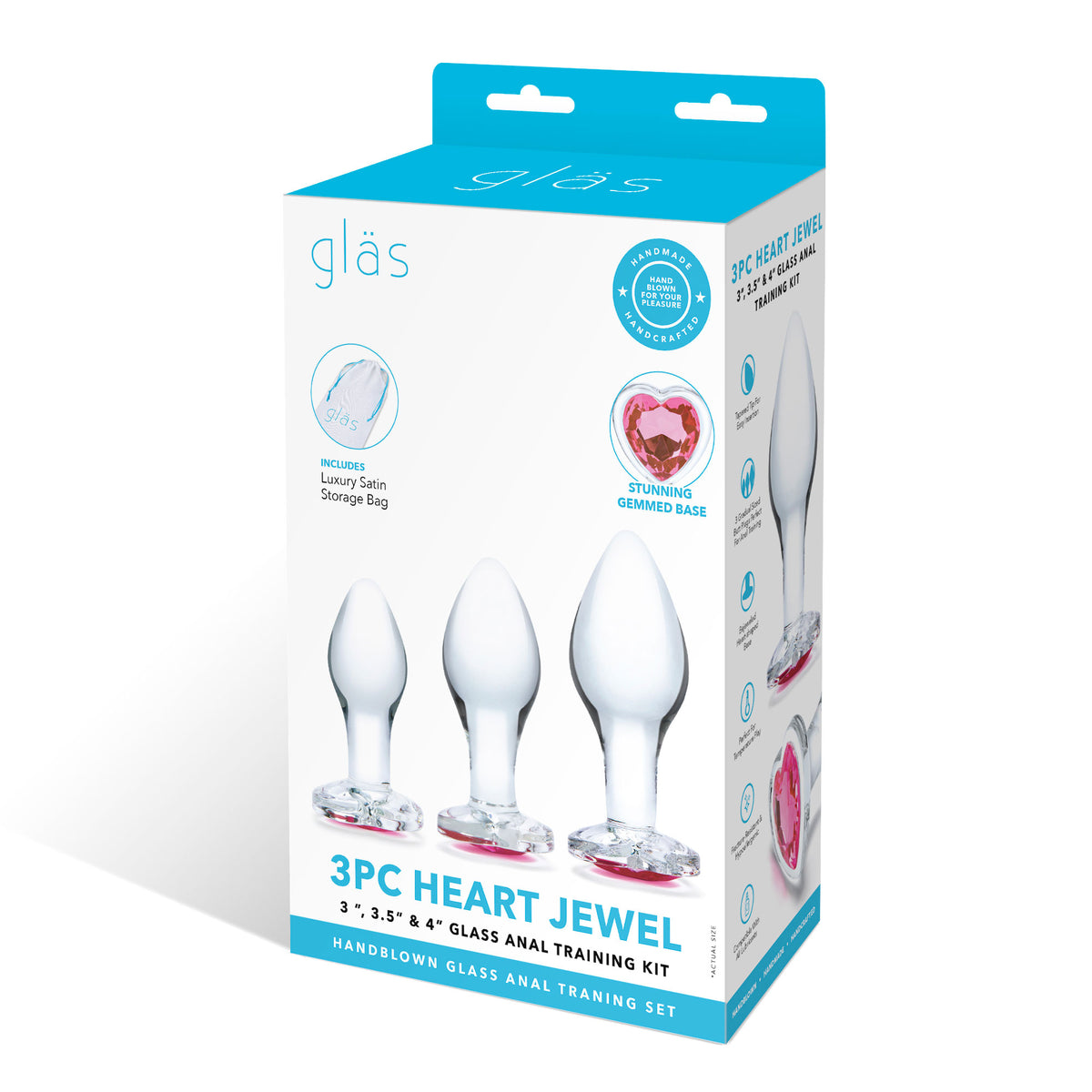 3 Pc Heart Jewel Glass Anal Training Kit - /pink by Electric Novelties from LoveMart Co.