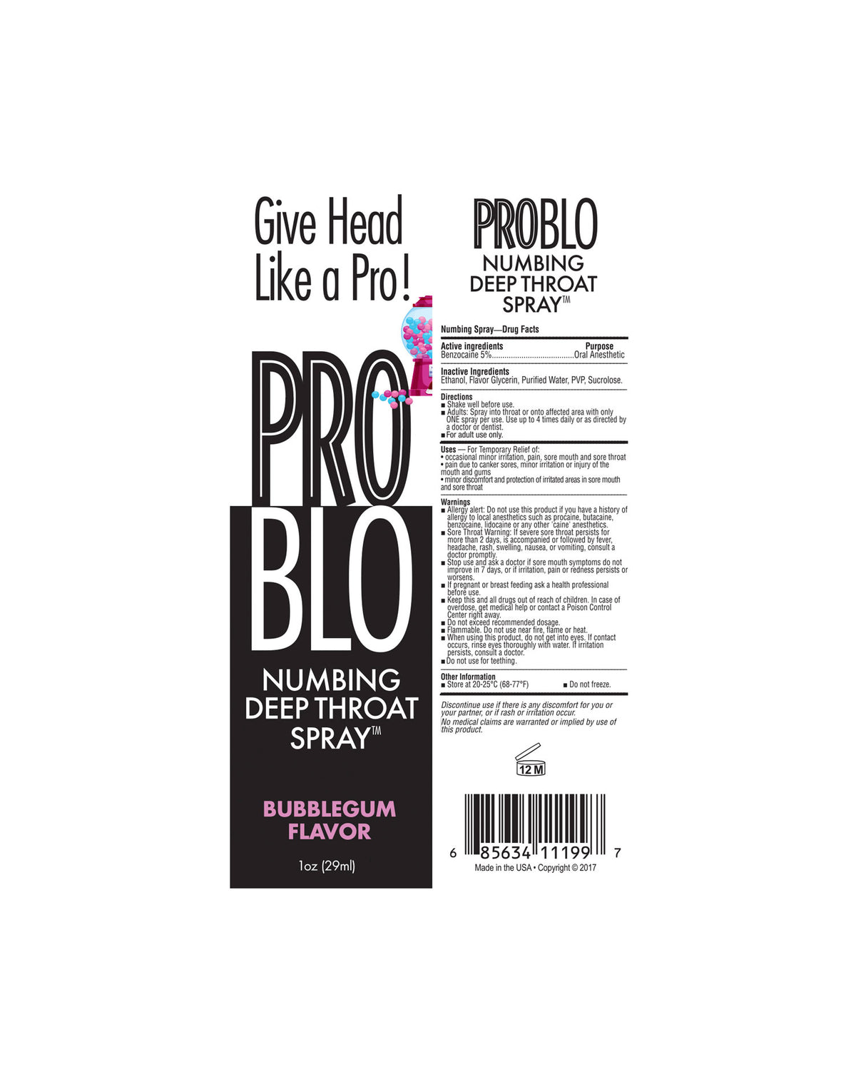 Pro Blo Throat Numbing Spray 1oz - Bubblegum by Little Genie from LoveMart Co.