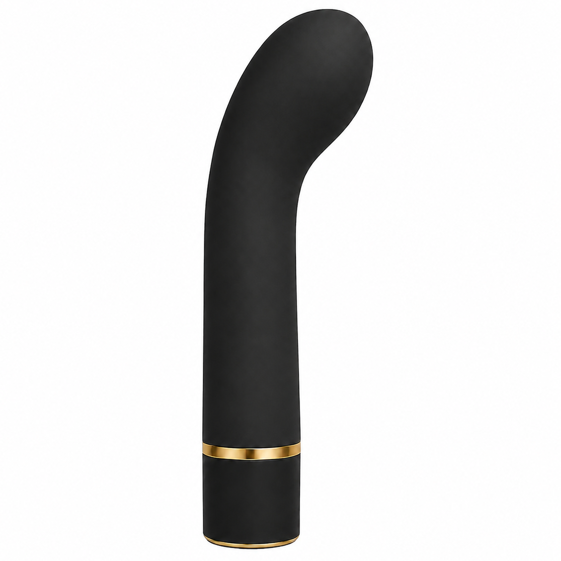 A curved black personal massager with a matte finish and a gold accent ring near the base, shown against a plain white background.