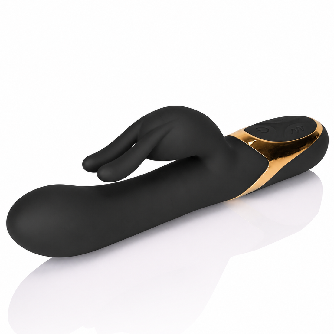 Black silicone personal massager with a gold metallic accent ring, displayed on a clean white background with a soft reflection.