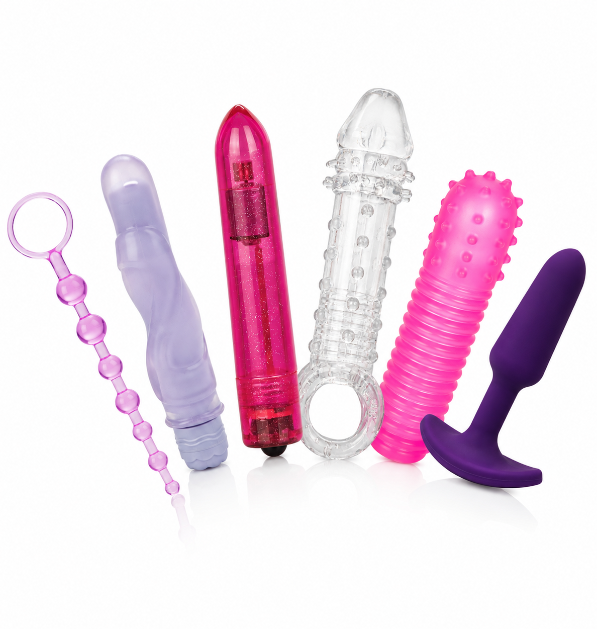 Five adult novelty toys in assorted colors and textures arranged side by side on a white background, including translucent purple, glittery pink, clear, bright pink ribbed, and dark purple silicone pieces.