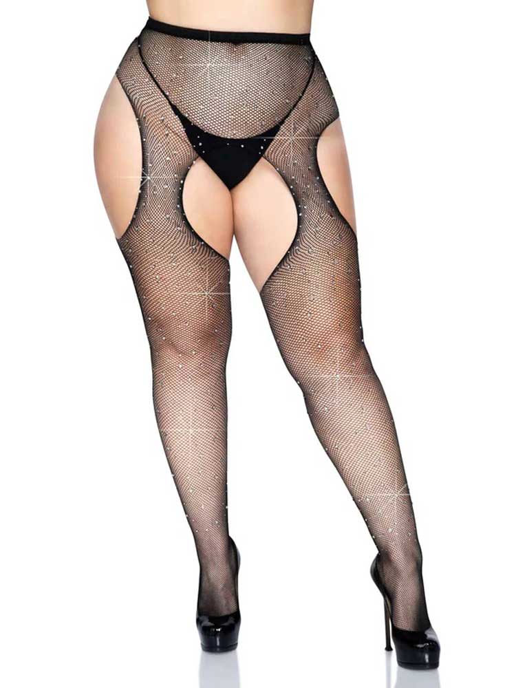 Casey Rhinestone Fishnet Suspender Pantyhose - Queen by Leg Avenue from LoveMart Co.