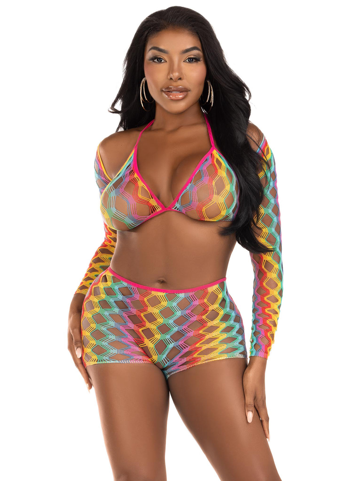 3 Pc Net Bra Top With Shrug and Boy Shorts - One Size - Multicolor by Leg Avenue from LoveMart Co.