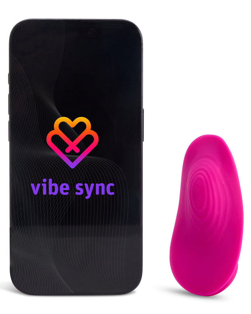 Black device with 'vibe sync' logo and a pink circular object on a white background