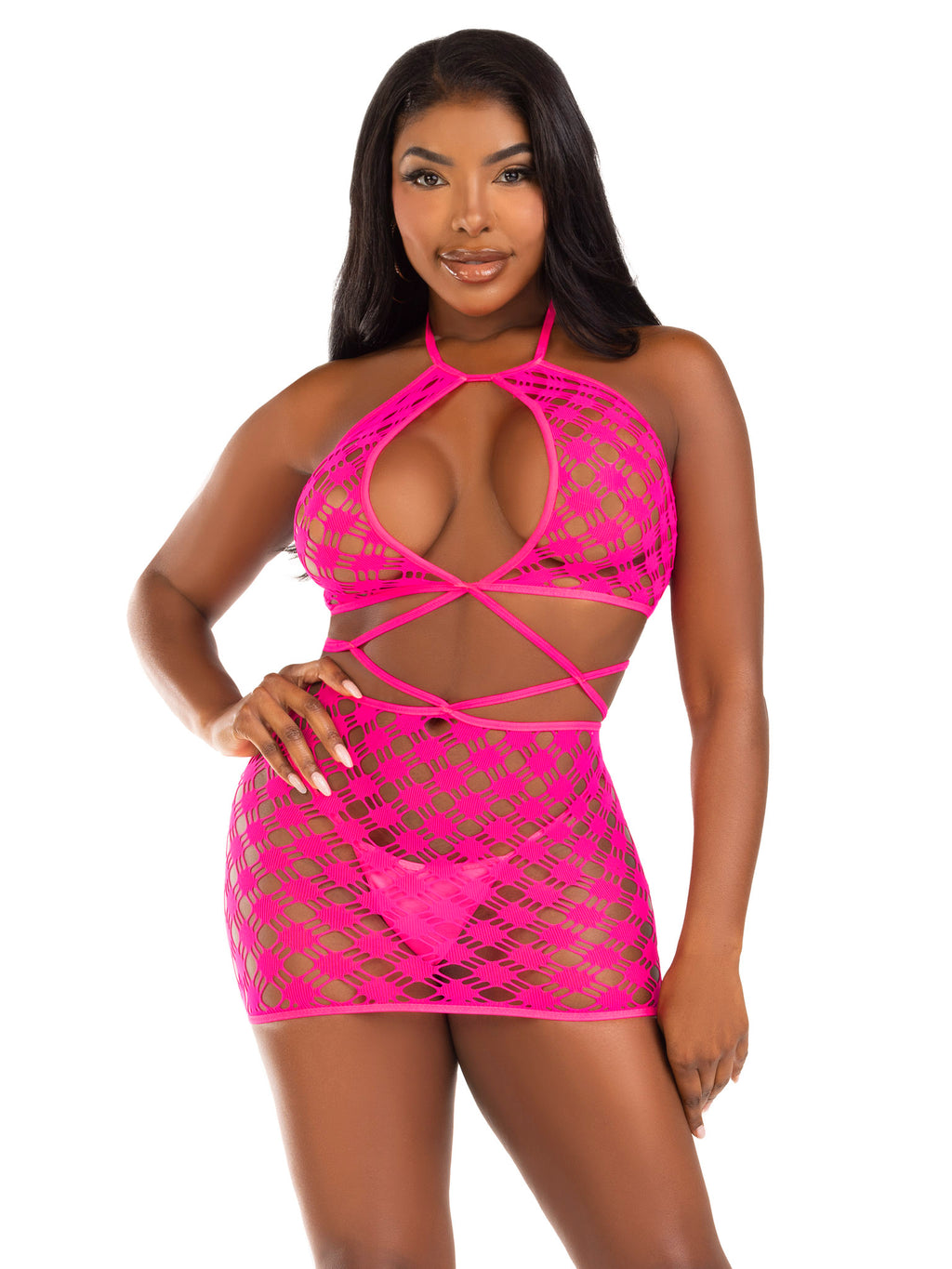 Keyhole Halter Hardcore Net Mini Dress - One Size - Neon by Leg Avenue from LoveMart Co.