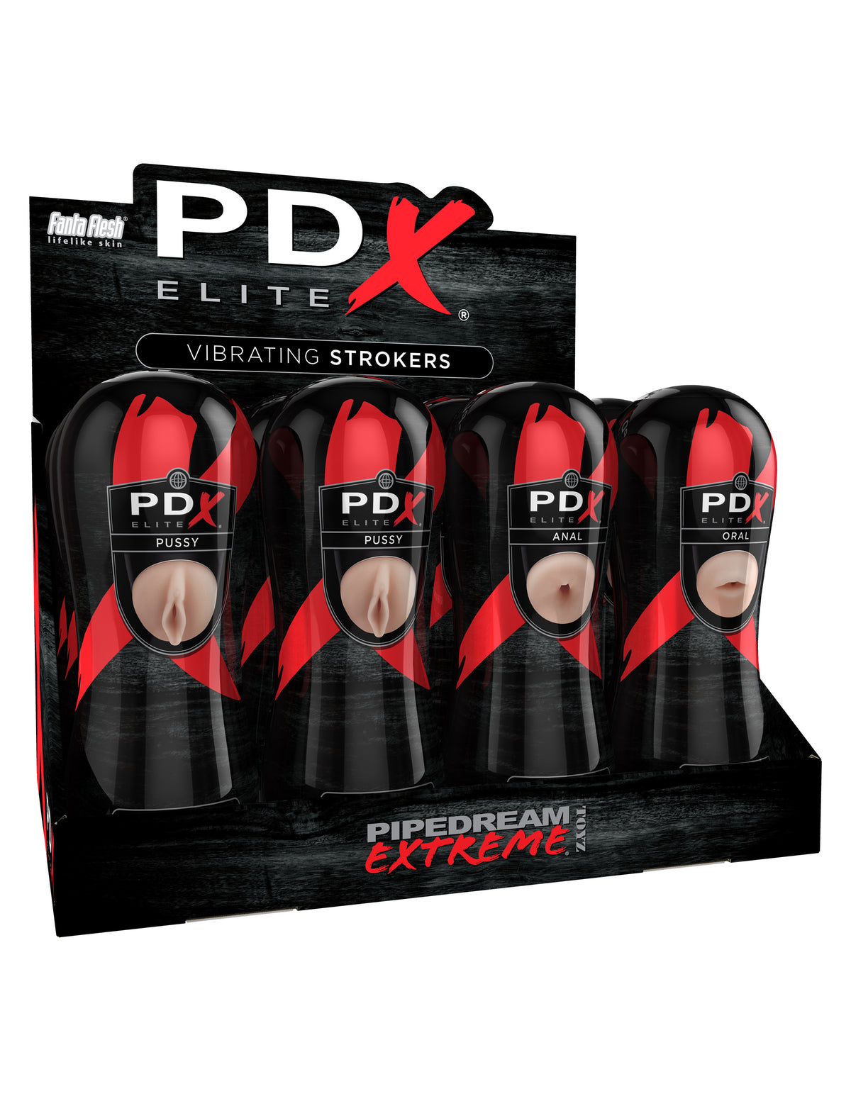 Pdx Elite Vibrating Pussy Mouth Ass Stroker Display of 12 by Pipedream from LoveMart Co.