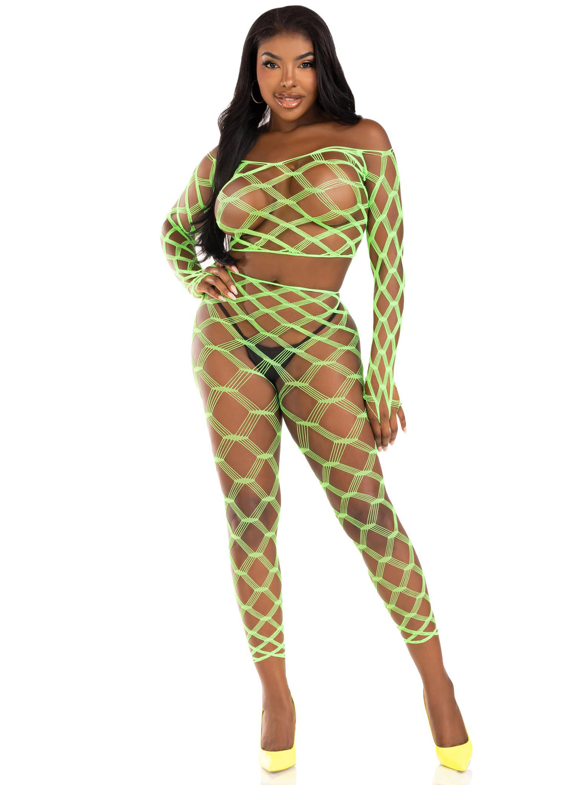 2 Pc Net Crop Top and Footless Tights - One Size - Neon by Leg Avenue from LoveMart Co.