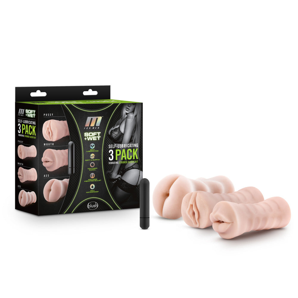 M for Men 3-Pack Self-Lubricating Vibrating Stroker Sleeve Kit Vanilla by Blush from LoveMart Co.