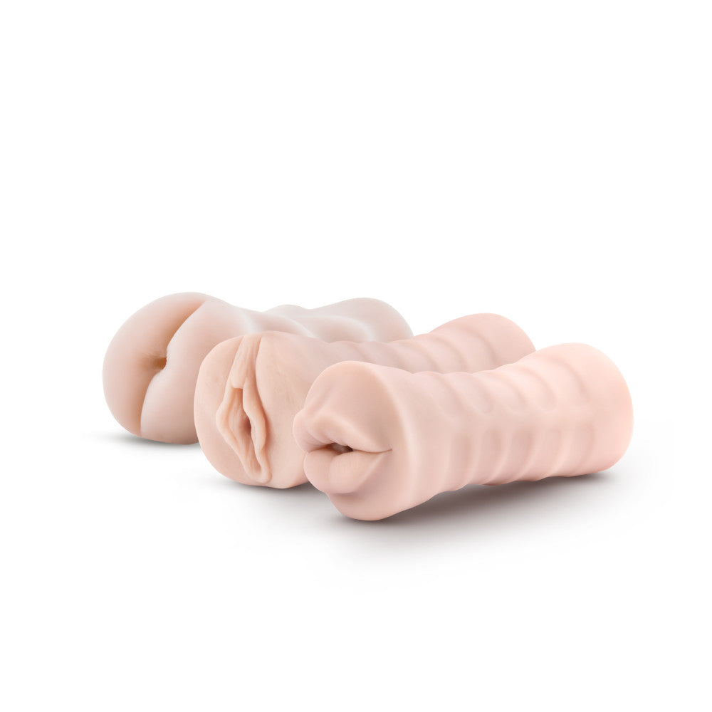 M for Men 3-Pack Self-Lubricating Vibrating Stroker Sleeve Kit Vanilla by Blush from LoveMart Co.