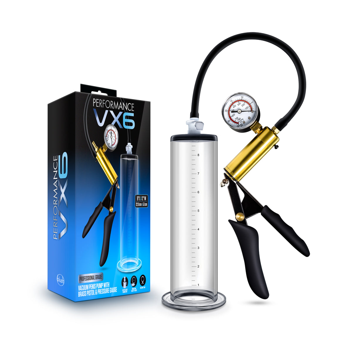 Performance - Vx6 Vacuum Penis Pump With Brass Pistol & Pressure Gauge by Blush from LoveMart Co.