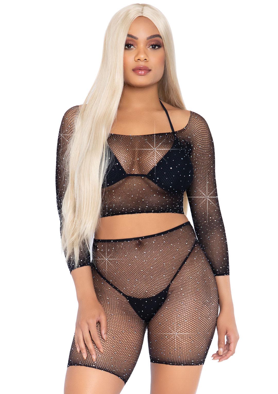 2 Pc Rhinestone Fishnet Crop Top and Biker Shorts - One Size by Leg Avenue from LoveMart Co.