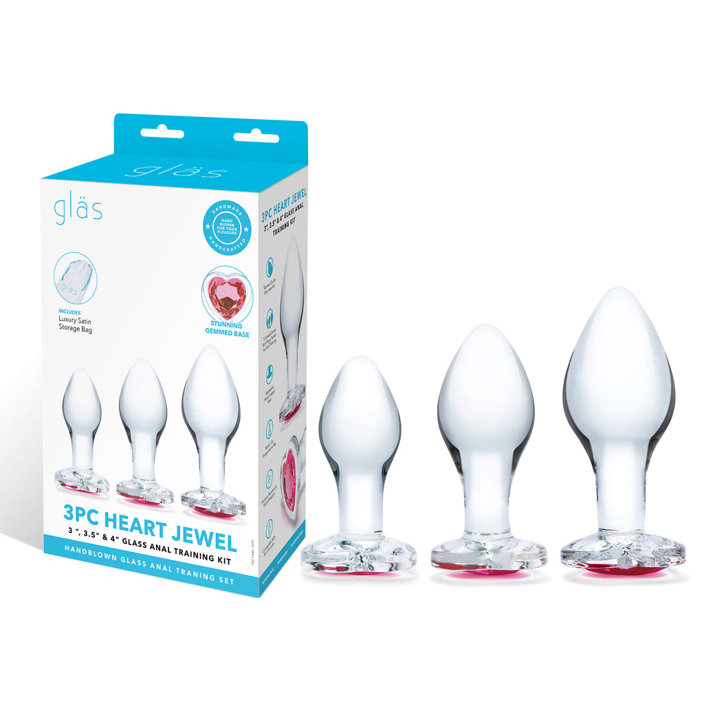 3 Pc Heart Jewel Glass Anal Training Kit - /pink by Electric Novelties from LoveMart Co.