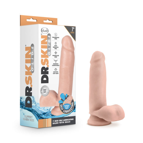 Dr. Skin Glide - 7 Inch Self Lubricating Dildo With Balls - Vanilla by Blush from LoveMart Co.