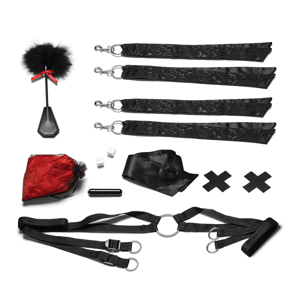 Night of Romance Satin Cuffs With Rose Petals 6pc Bedsreader Set by Electric Novelties from LoveMart Co.