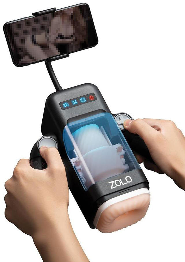 Handheld device with smartphone attachment, displaying a Zolo logo, on a white background.