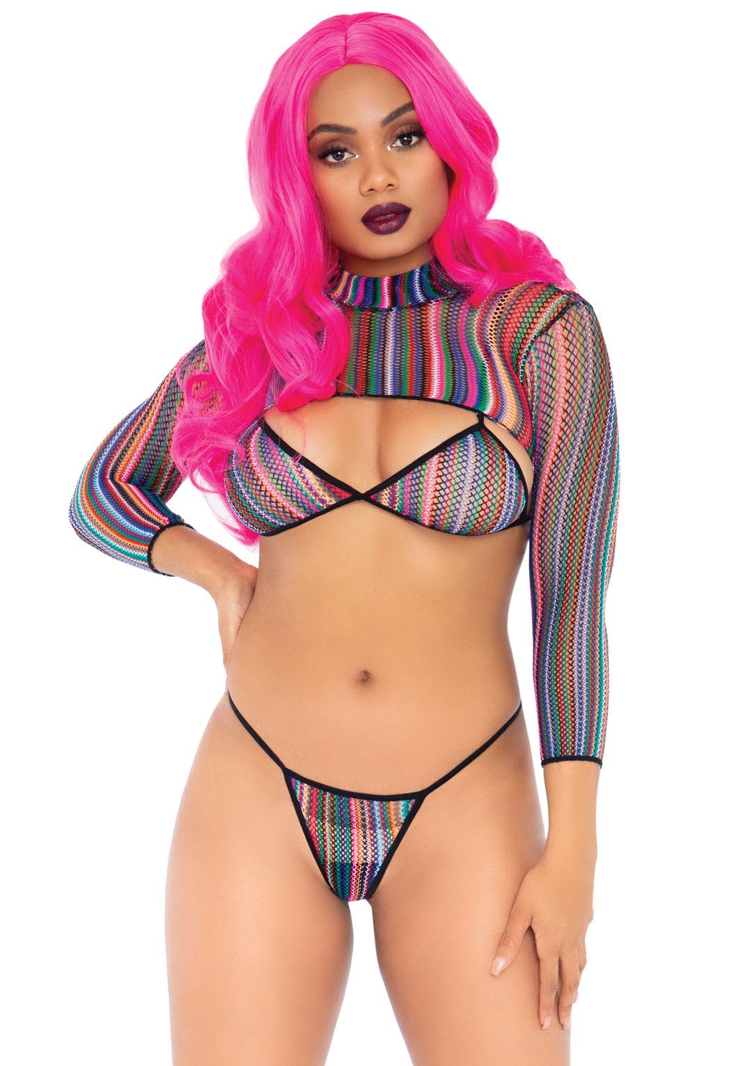 3 Pc Fishnet Bikini G-String and Crop Top - One Size - Multicolor by Leg Avenue from LoveMart Co.