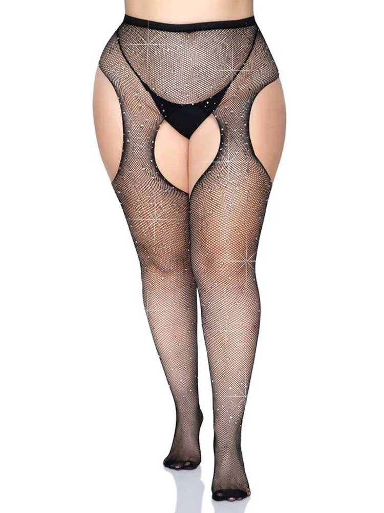 Casey Rhinestone Fishnet Suspender Pantyhose - Queen by Leg Avenue from LoveMart Co.