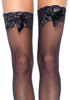 Sheer Lace Top Thigh Highs With Satin Bow Accent - One Size by Leg Avenue from LoveMart Co.