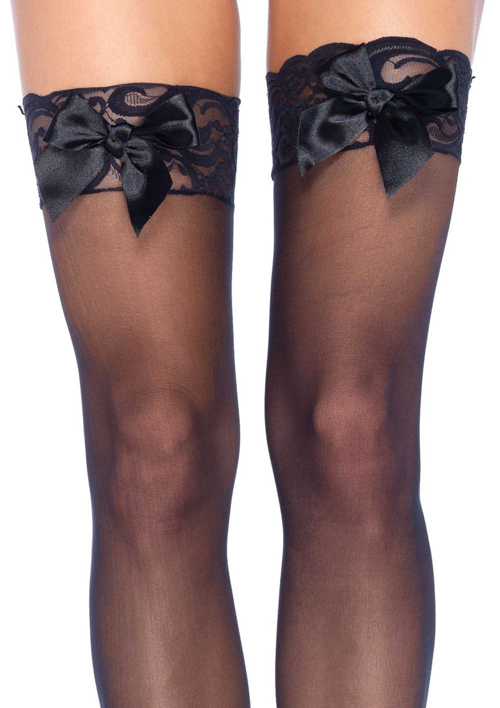 Sheer Lace Top Thigh Highs With Satin Bow Accent - One Size by Leg Avenue from LoveMart Co.