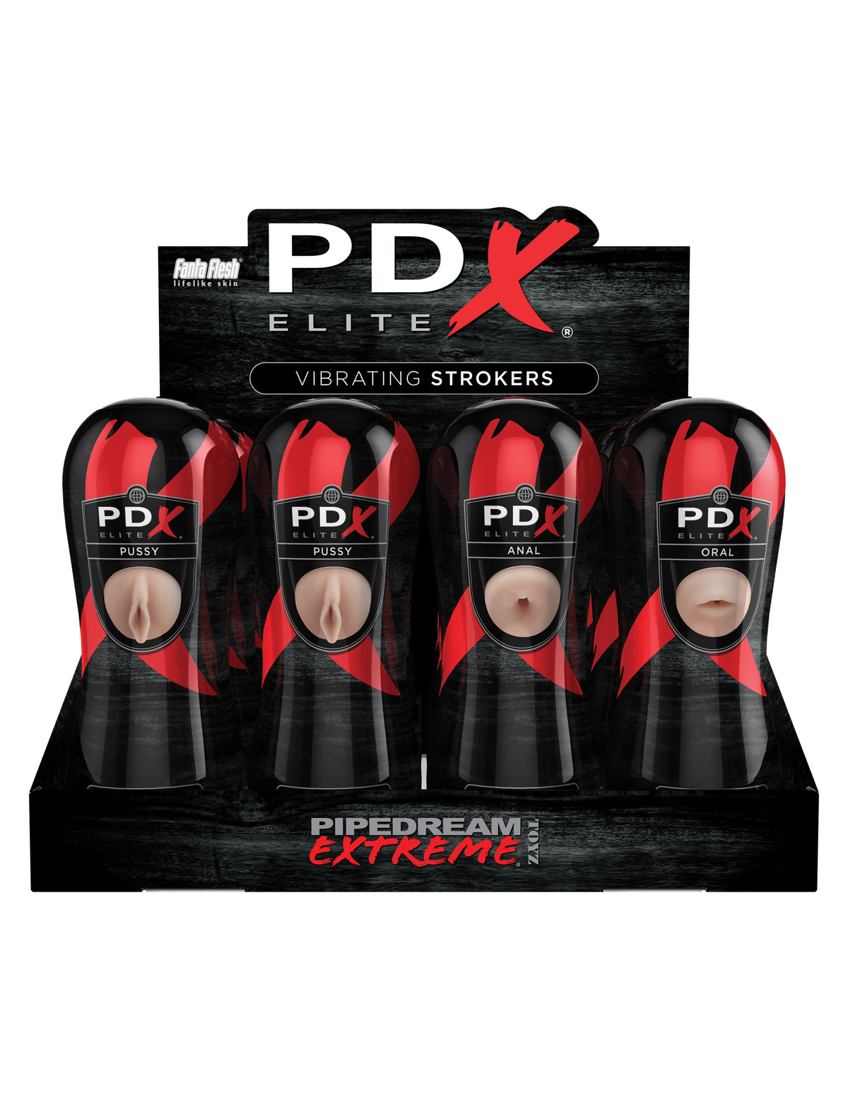 Pdx Elite Vibrating Pussy Mouth Ass Stroker Display of 12 by Pipedream from LoveMart Co.