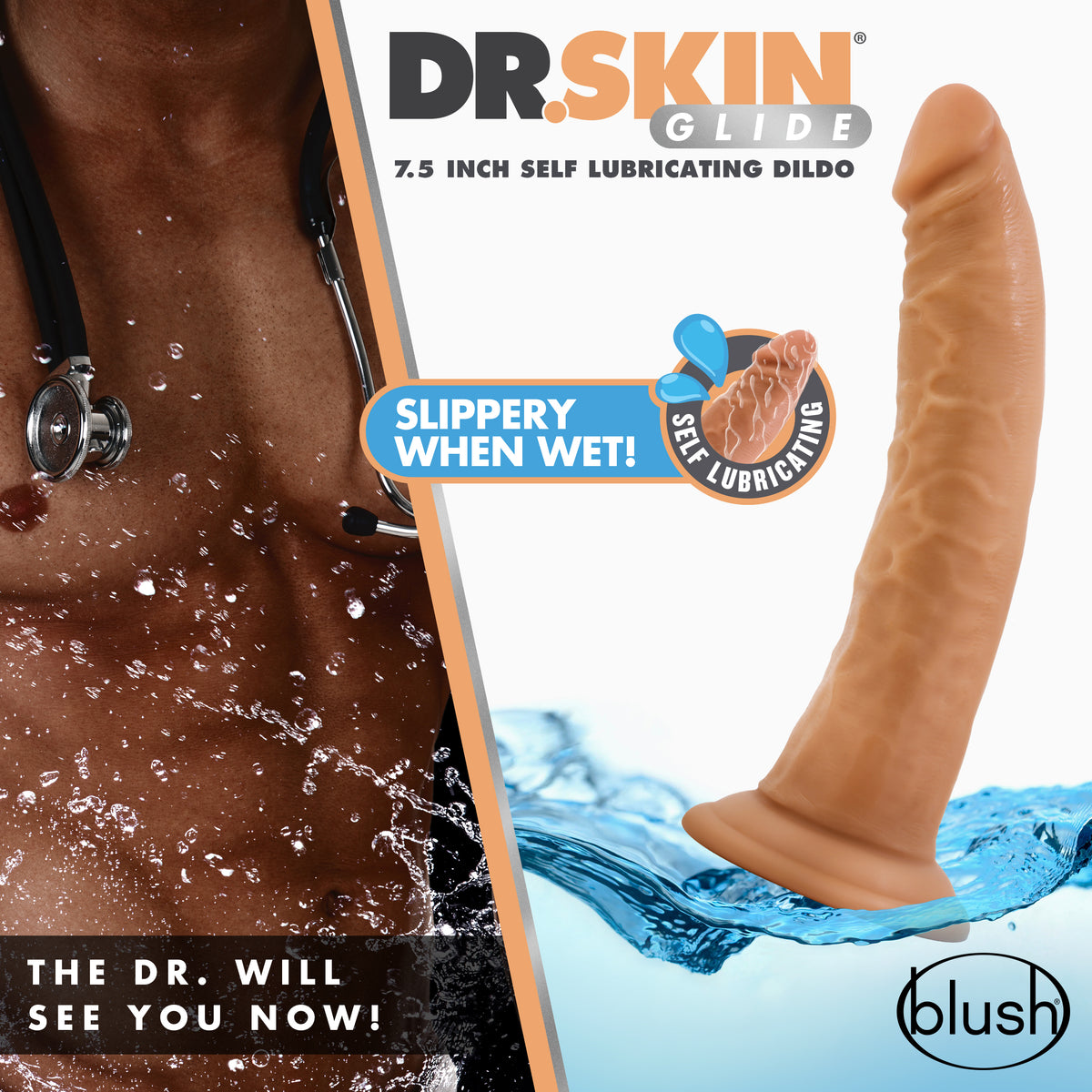 Dr. Skin Glide 7.5 Inch Self Lubricating Dildo - Mocha - by Blush from LoveMart Co.