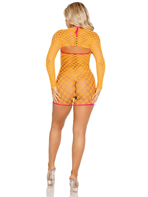 2 Pc Eyelet Net Mini Dress With Tie- Front Keyhole and Shrug O/s Neon by Leg Avenue from LoveMart Co.