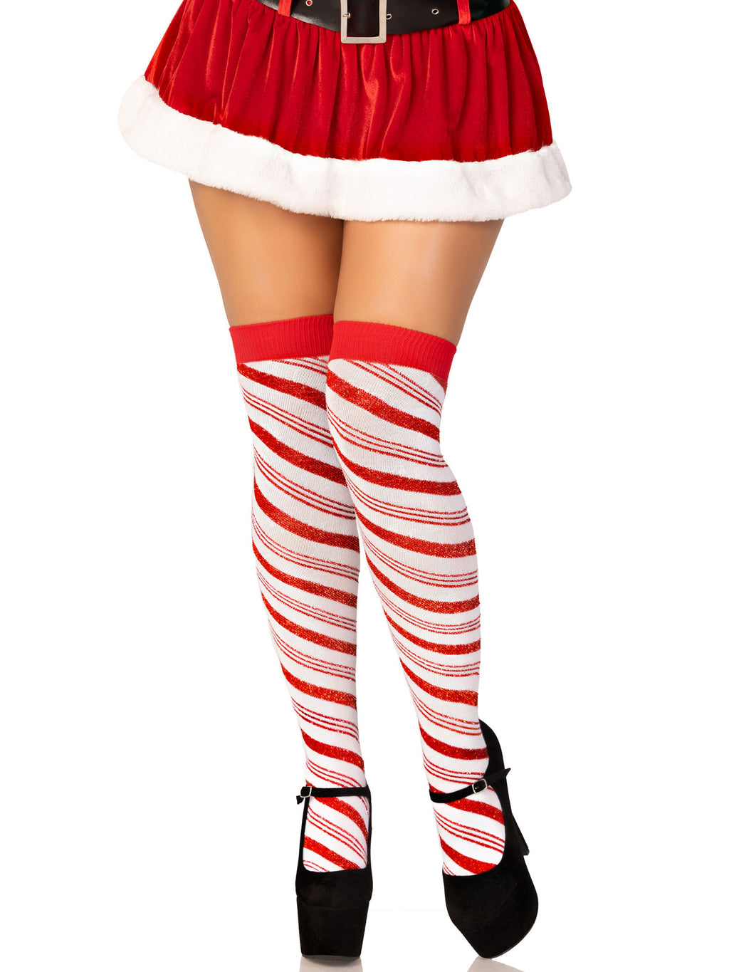 Candy Cane Lurex Striped Socks - Over the Knee - Os - White/red by Leg Avenue from LoveMart Co.