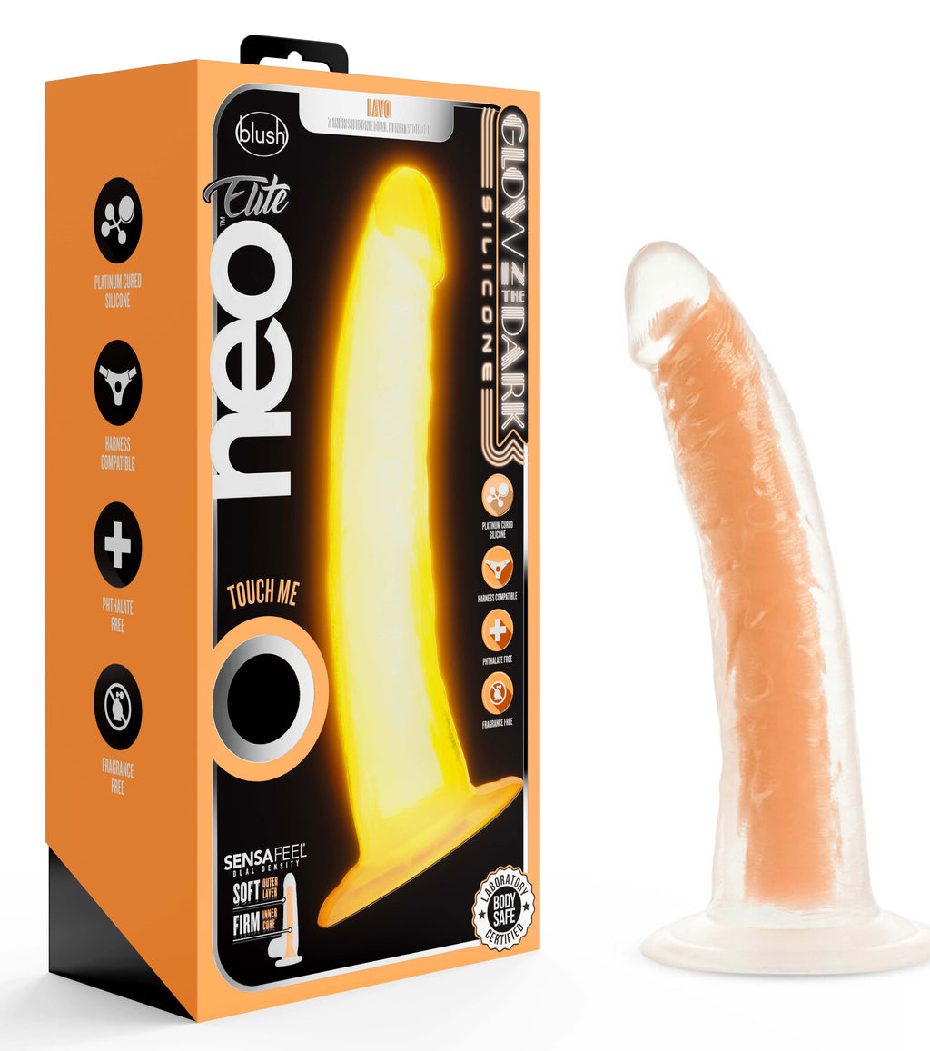 Neo Elite Glow in the Dark Lavo 7" Silicone Dual Density Dildo Neon by Blush from LoveMart Co.
